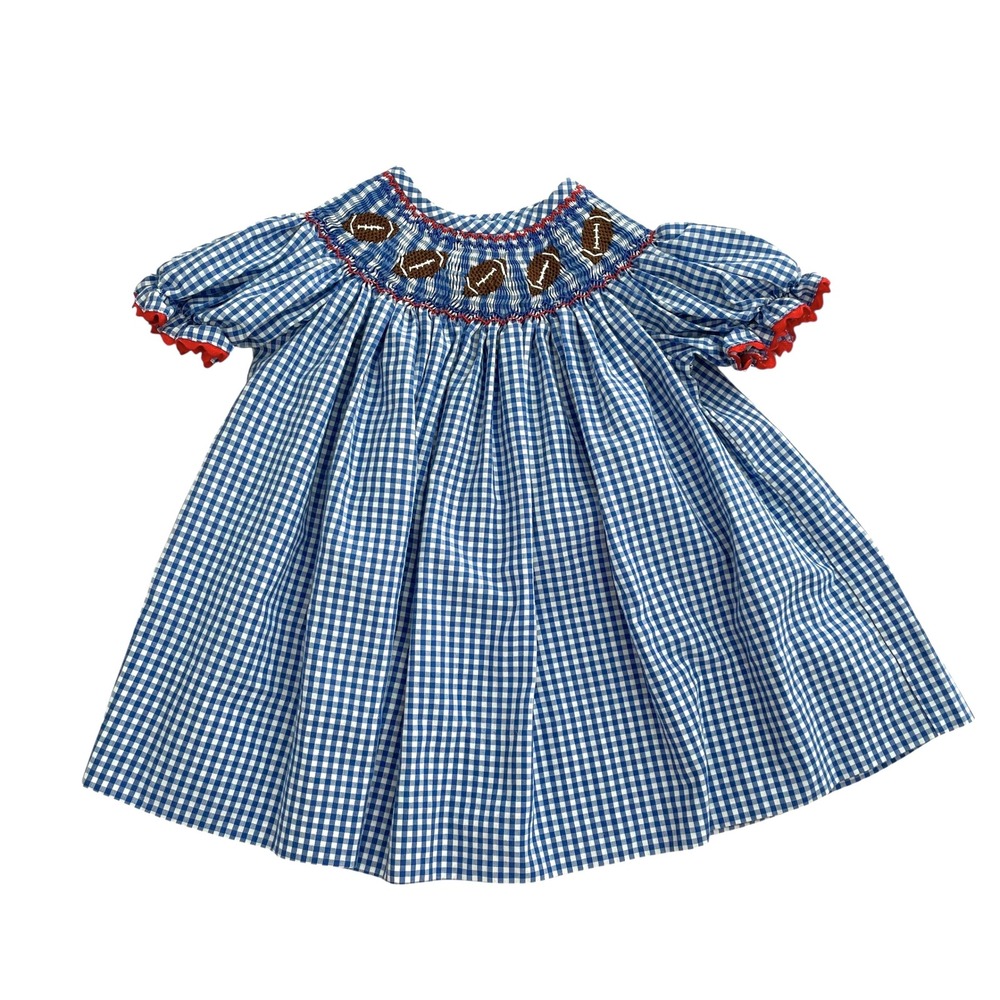 Delaney smocked football embroidered check plaid‎ dress Size 6M blue white bowl